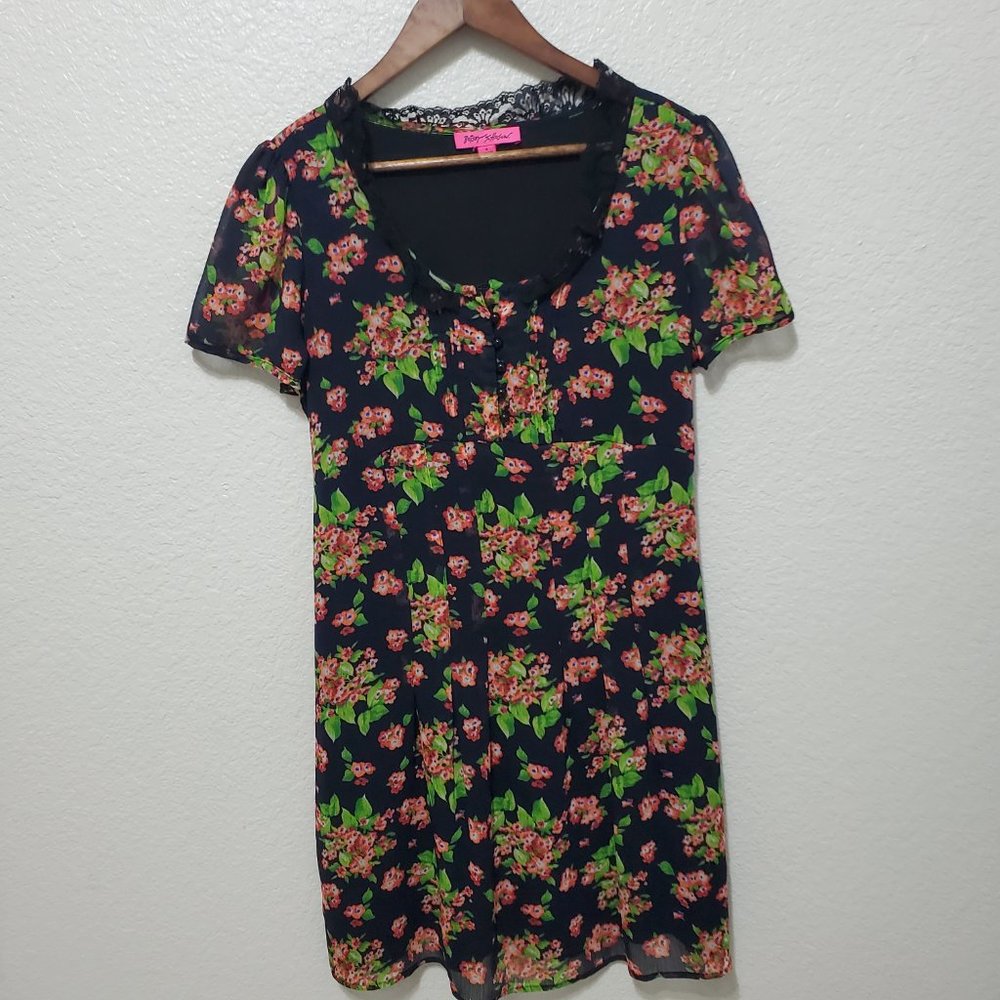 Betsey Johnson Floral pleated Dress mini Lace ribbon